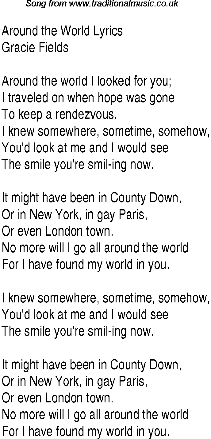1940s Top Songs lyrics for Around The World(Gracie Fields)