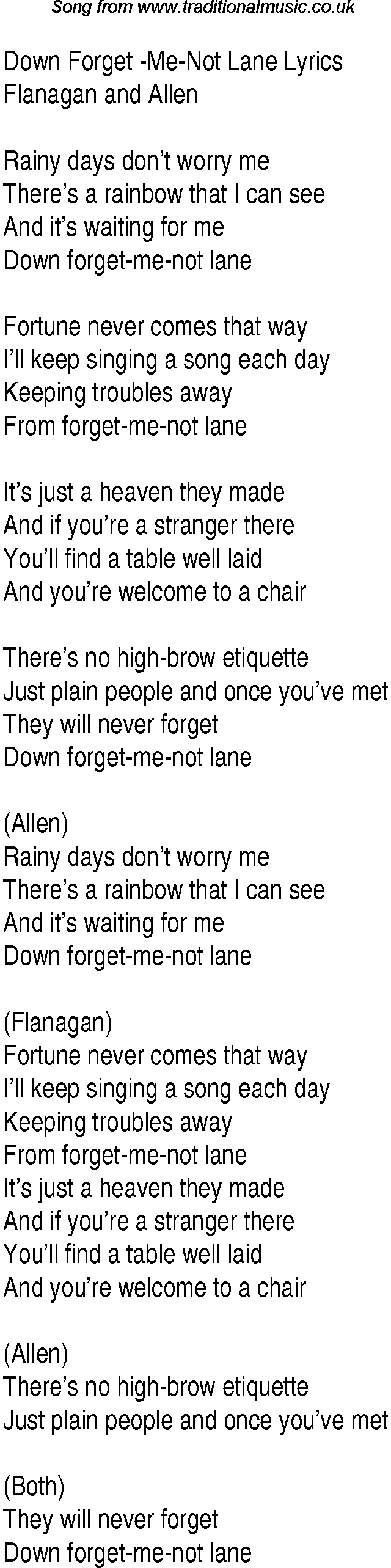 1940s Top Songs Lyrics For Down Forget Me Not Lane Flanagan Allen