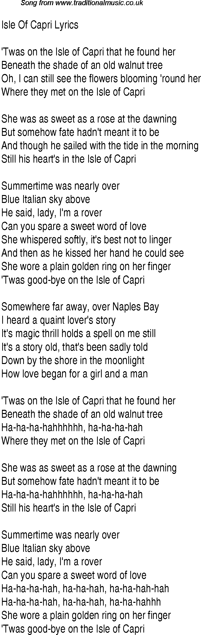 1940s top songs - lyrics for Isle Of Capri(Gracie Fields)