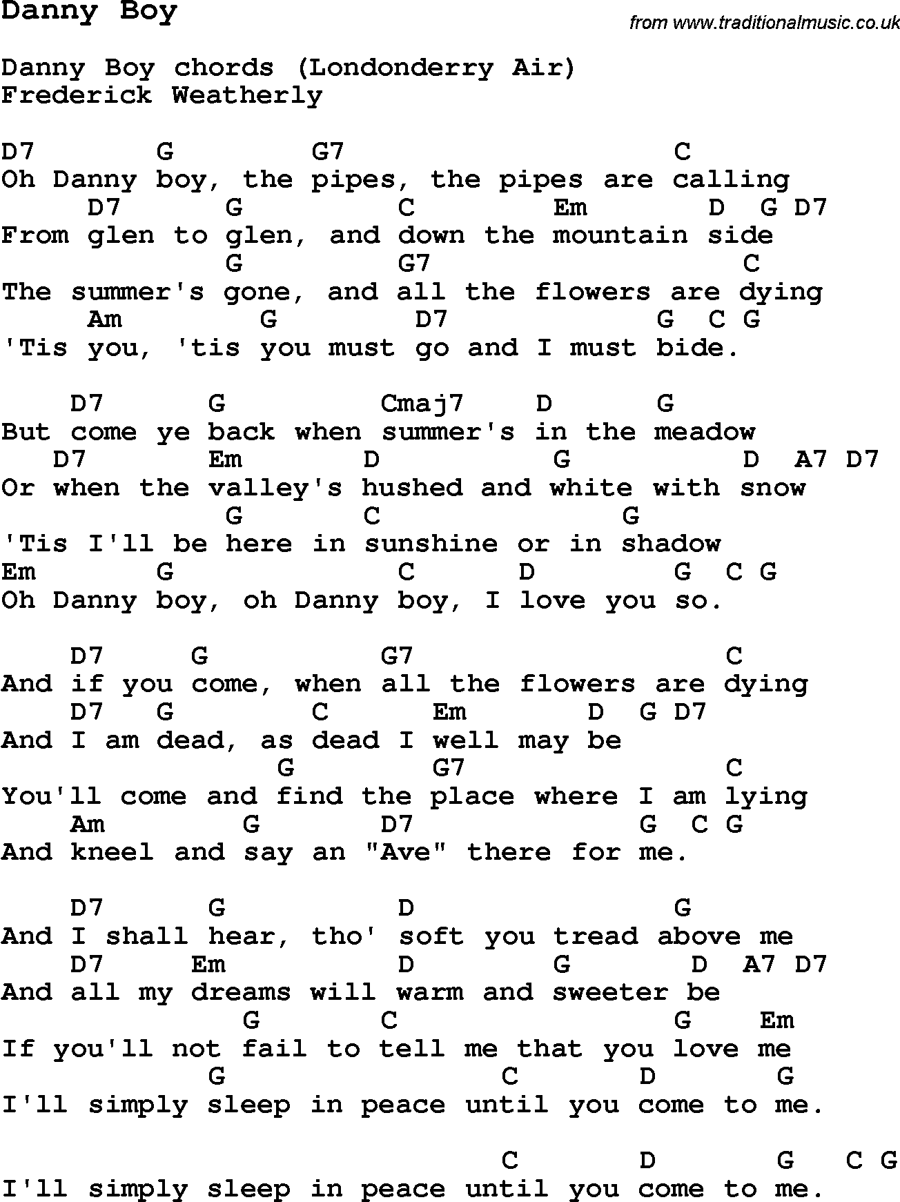 Traditional Song Danny Boy with Chords, Tabs and Lyrics