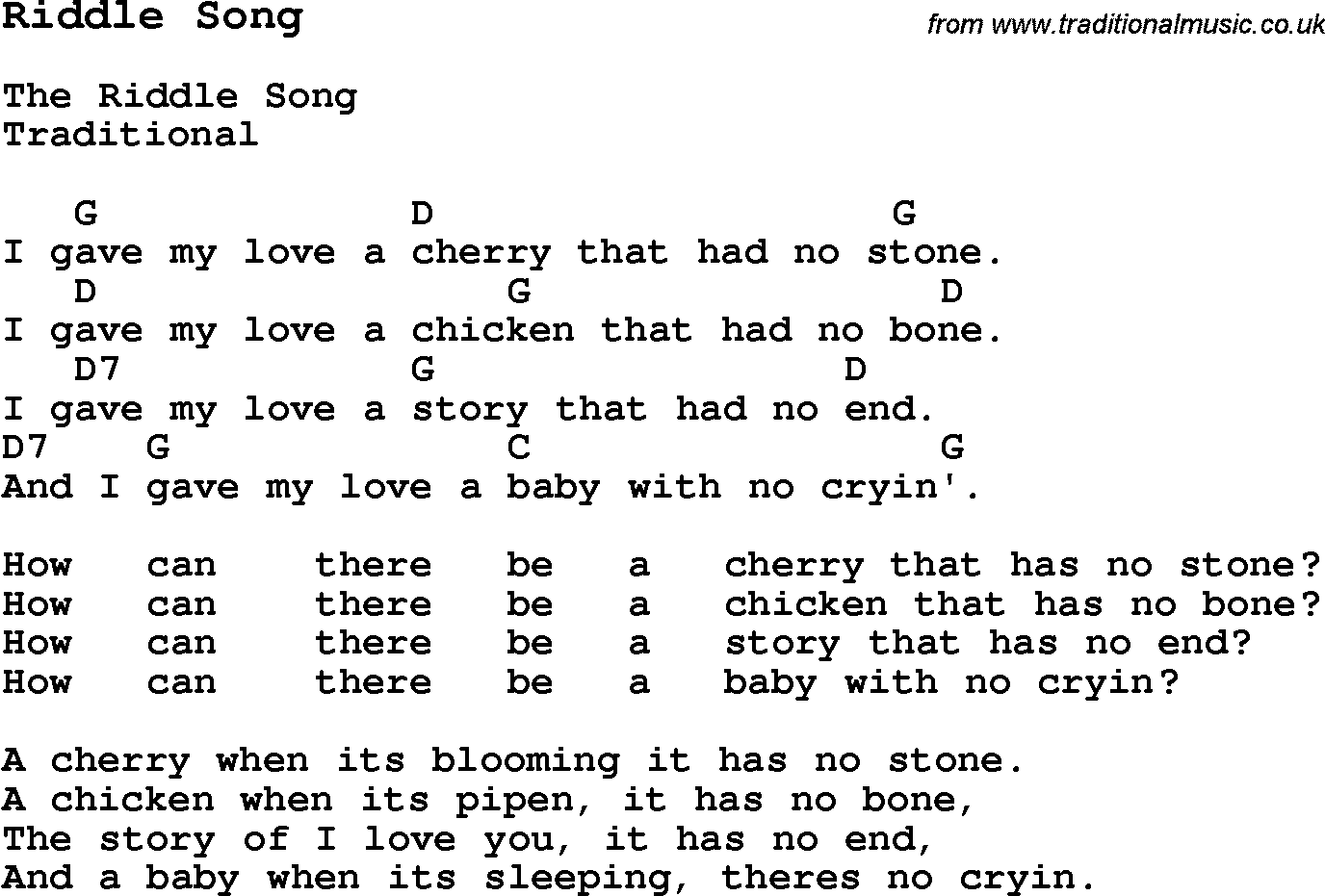 Traditional Song Riddle Song with Chords, Tabs and Lyrics