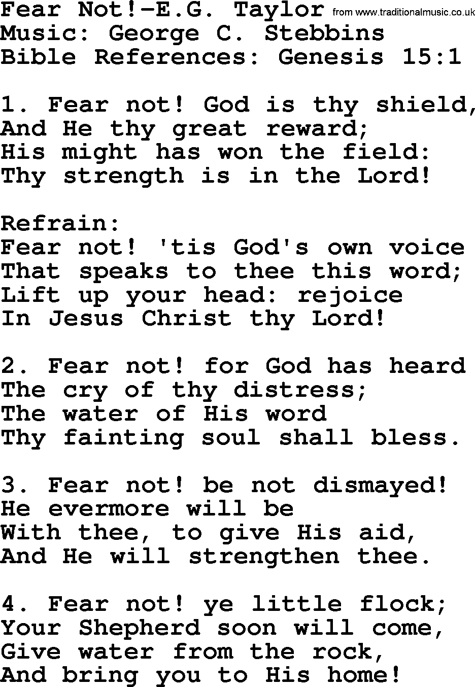 Baptism and Christening Hymns and Songs, Hymn: Fear Not!-E G Taylor, lyrics and PDF