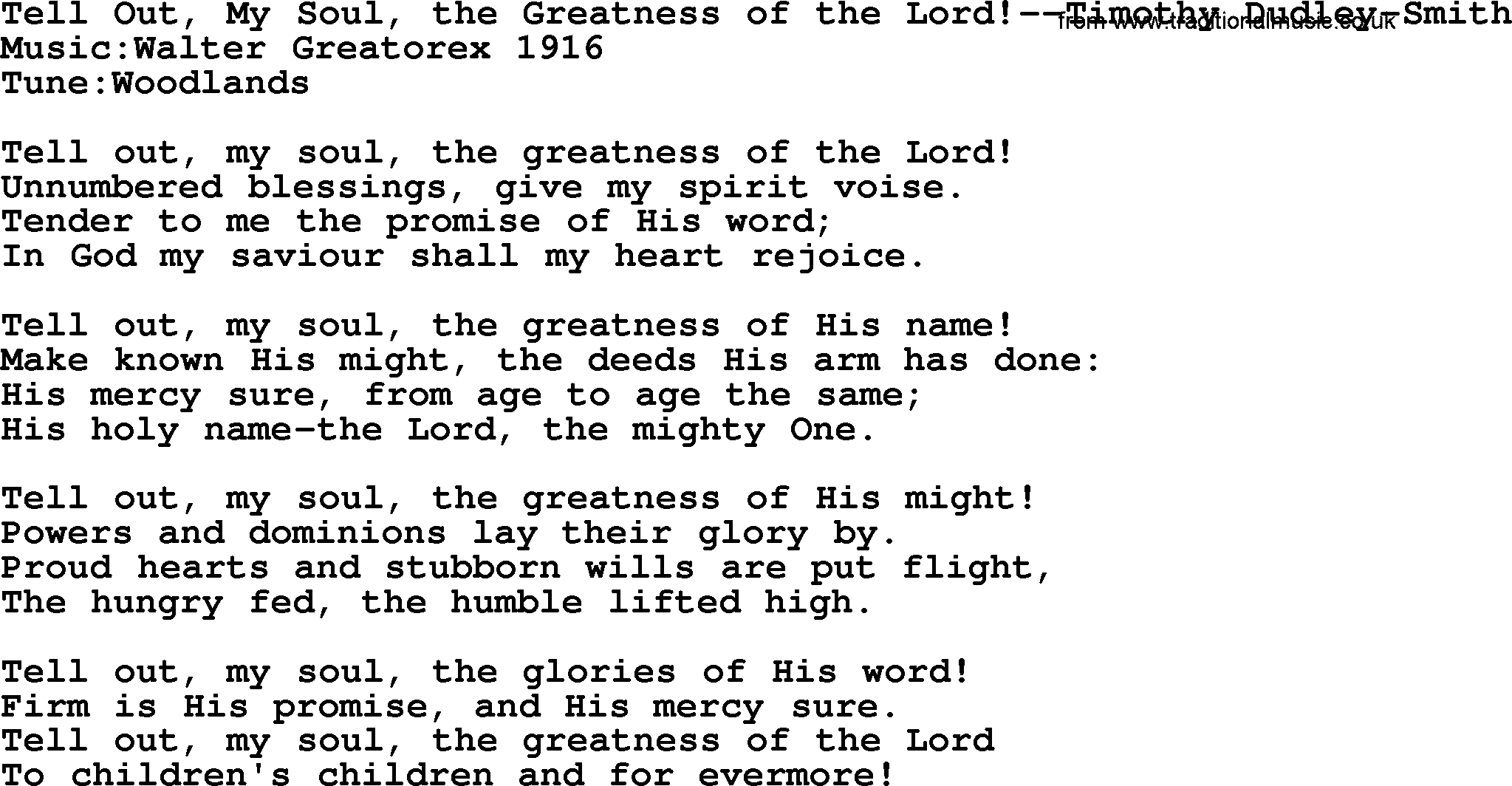 Baptism and Christening Hymns and Songs, Hymn: Tell Out, My Soul, The Greatness Of The Lord!-Timothy Dudley-Smith, lyrics and PDF
