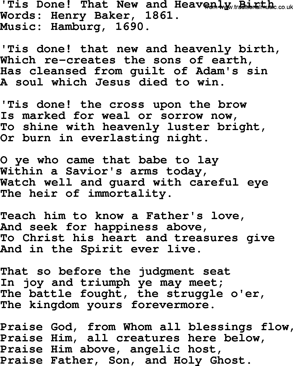 Baptism and Christening Hymns and Songs, Hymn: 'Tis Done! That New And Heavenly Birth, lyrics and PDF