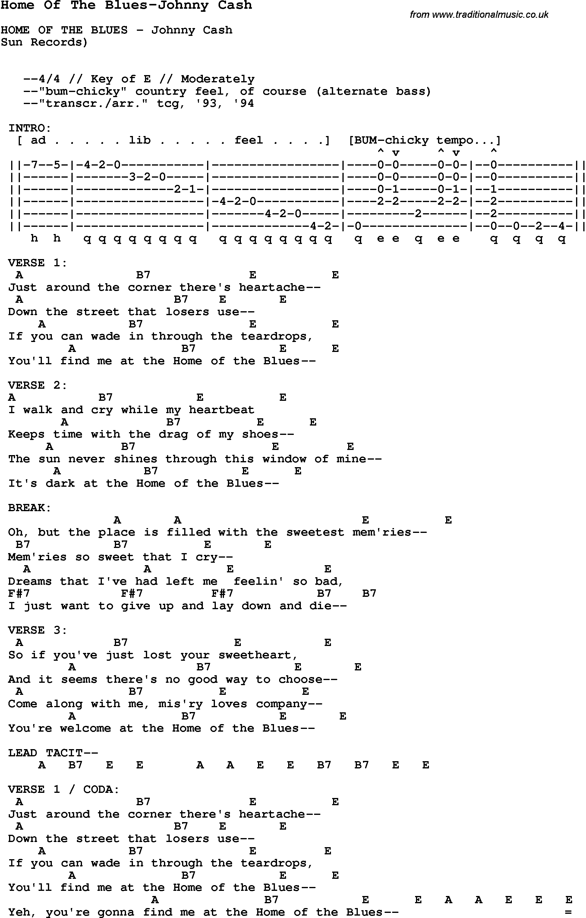 Blues Guitar Song, lyrics, chords, tablature, playing hints for Home Of The Blues-Johnny Cash