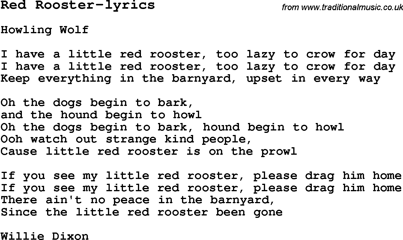 Blues Guitar Song, lyrics, chords, tablature, playing hints for Red Rooster-lyrics