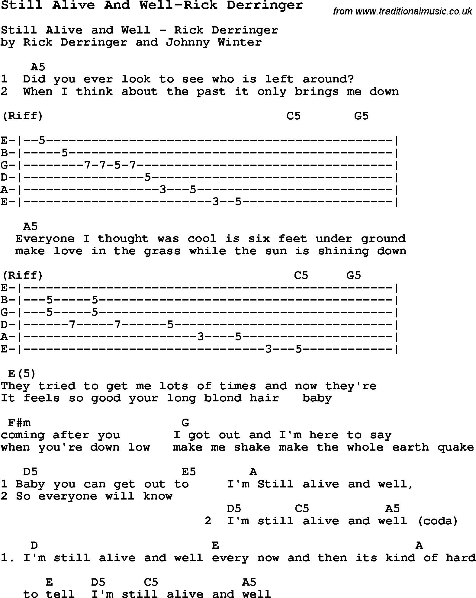 Blues Guitar Song, lyrics, chords, tablature, playing hints for Still Alive And Well-Rick Derringer