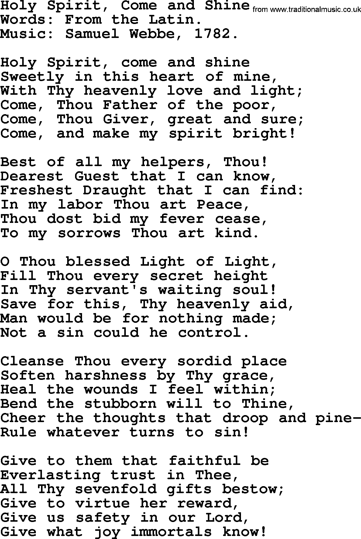 Hymns from the Psalms, Hymn: Holy Spirit, Come And Shine, lyrics with PDF
