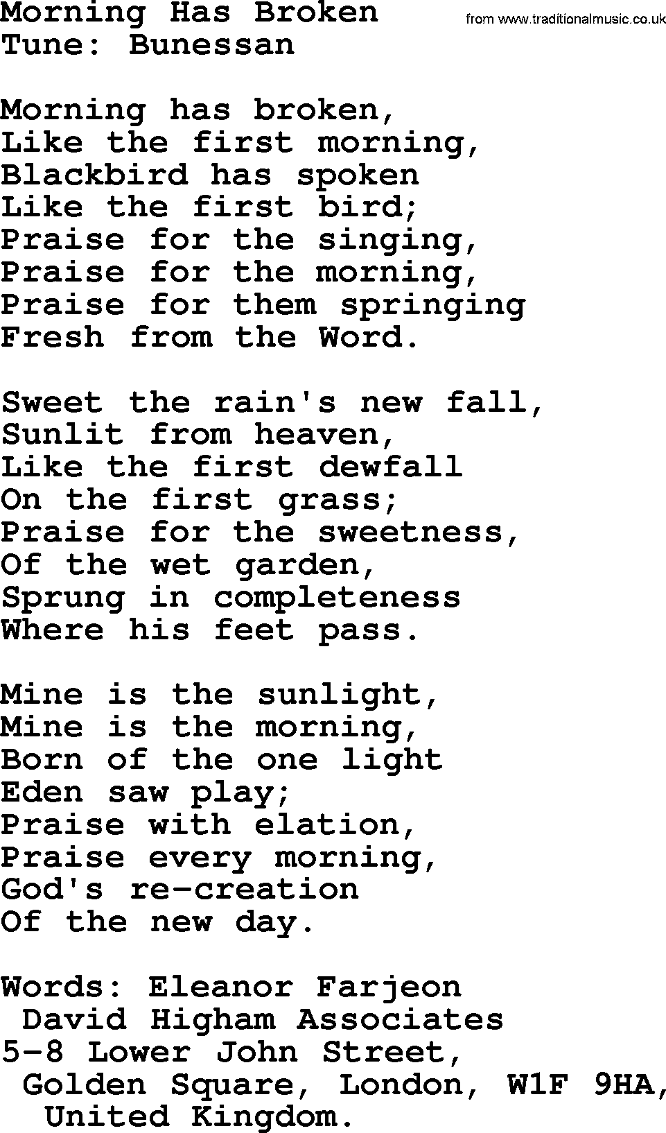 Hymns from the Psalms, Hymn: Morning Has Broken, lyrics with PDF