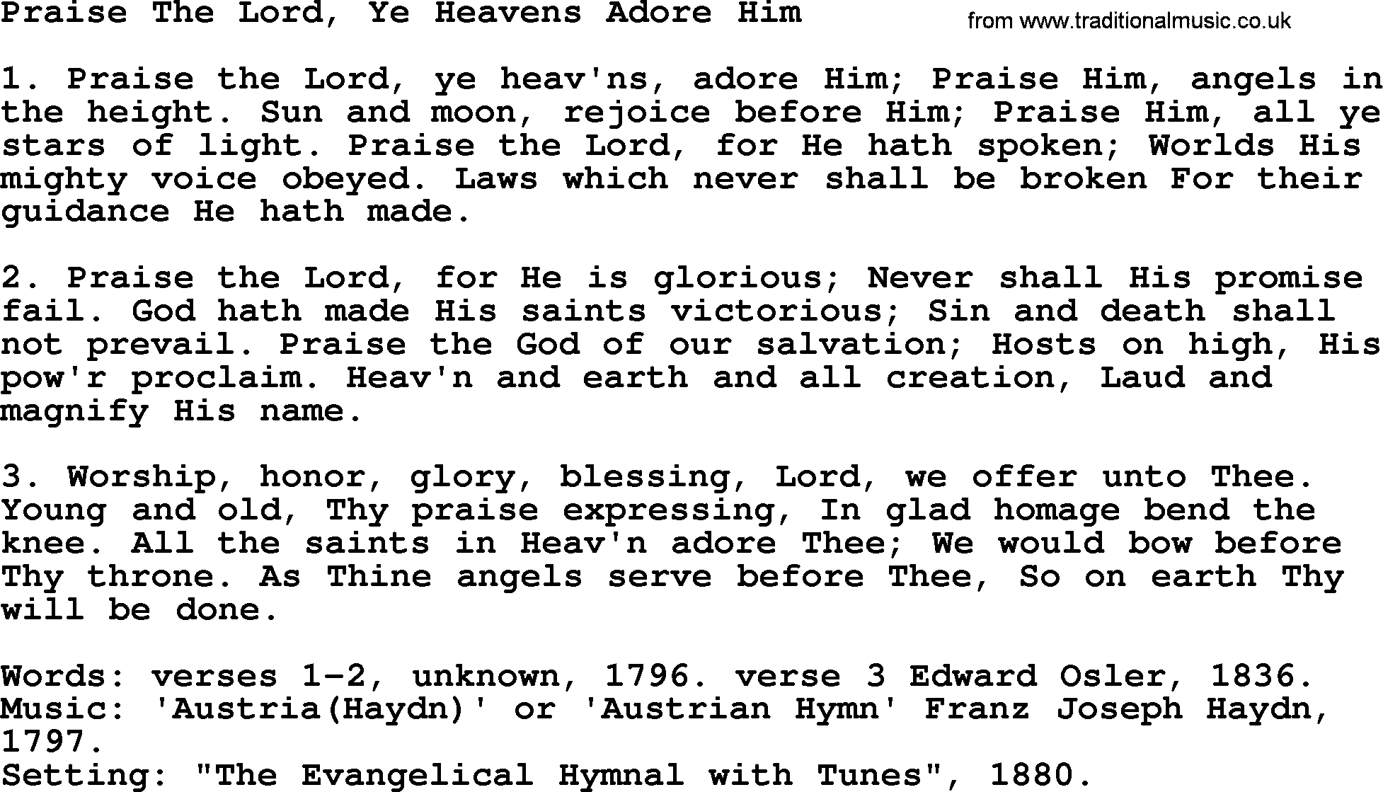 Hymns from the Psalms, Hymn: Praise The Lord, Ye Heavens Adore Him, lyrics with PDF