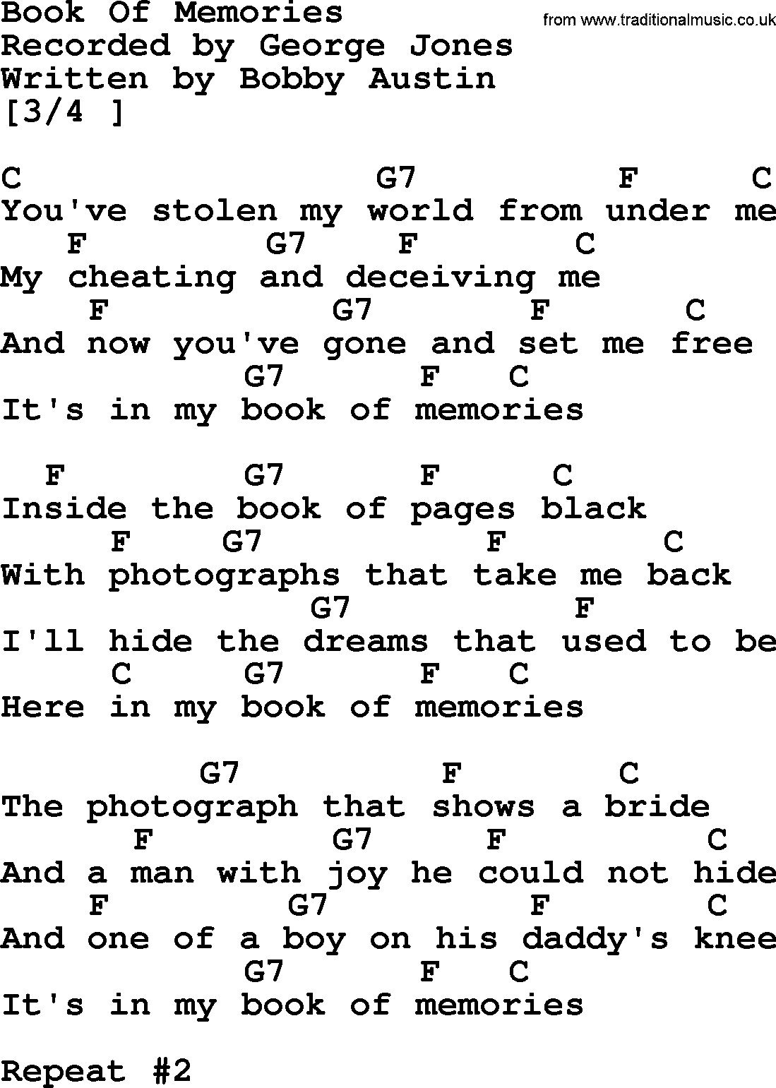 George Jones song: Book Of Memories, lyrics and chords