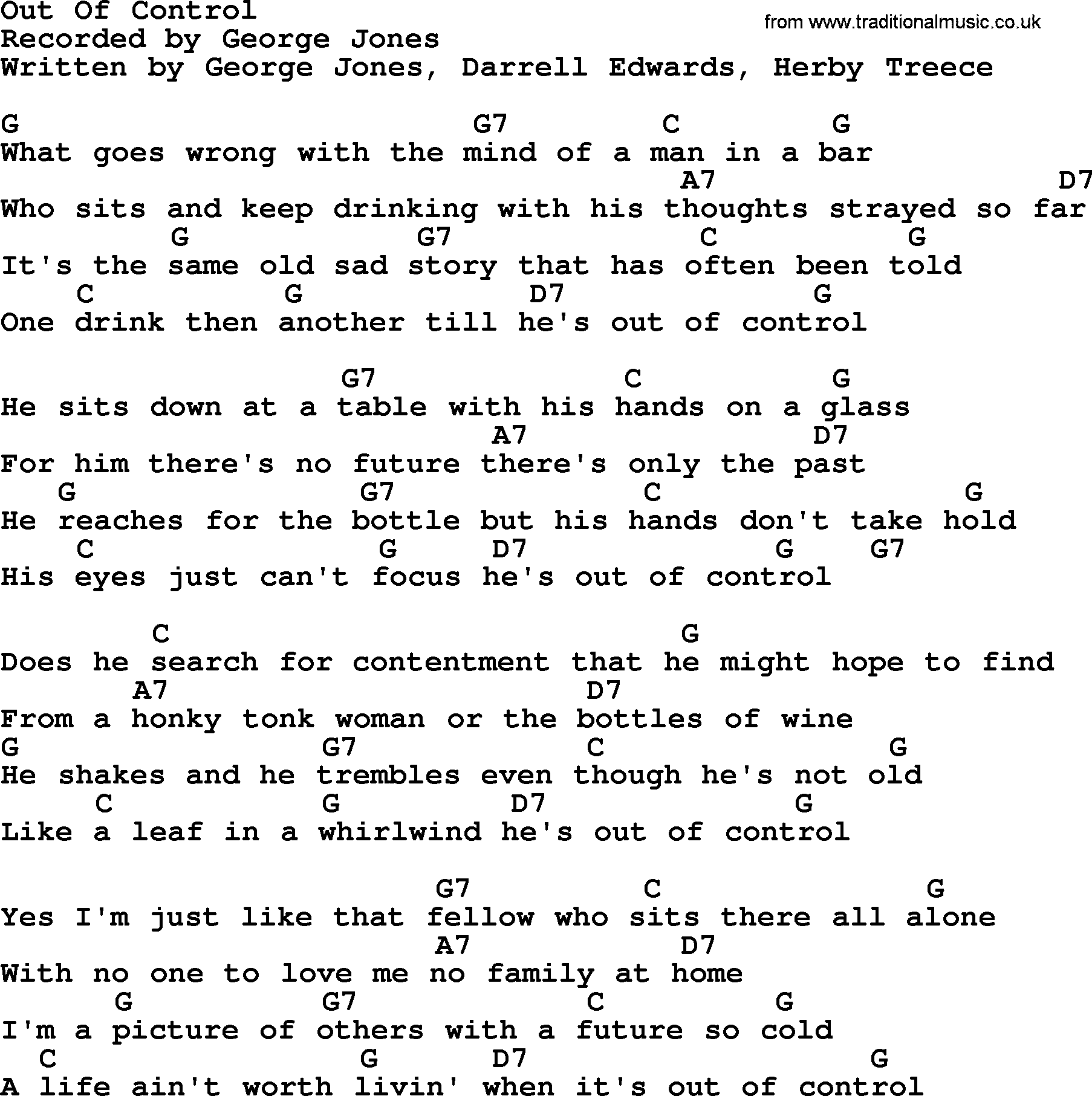 Out Of Control By George Jones Counrty Song Lyrics And Chords