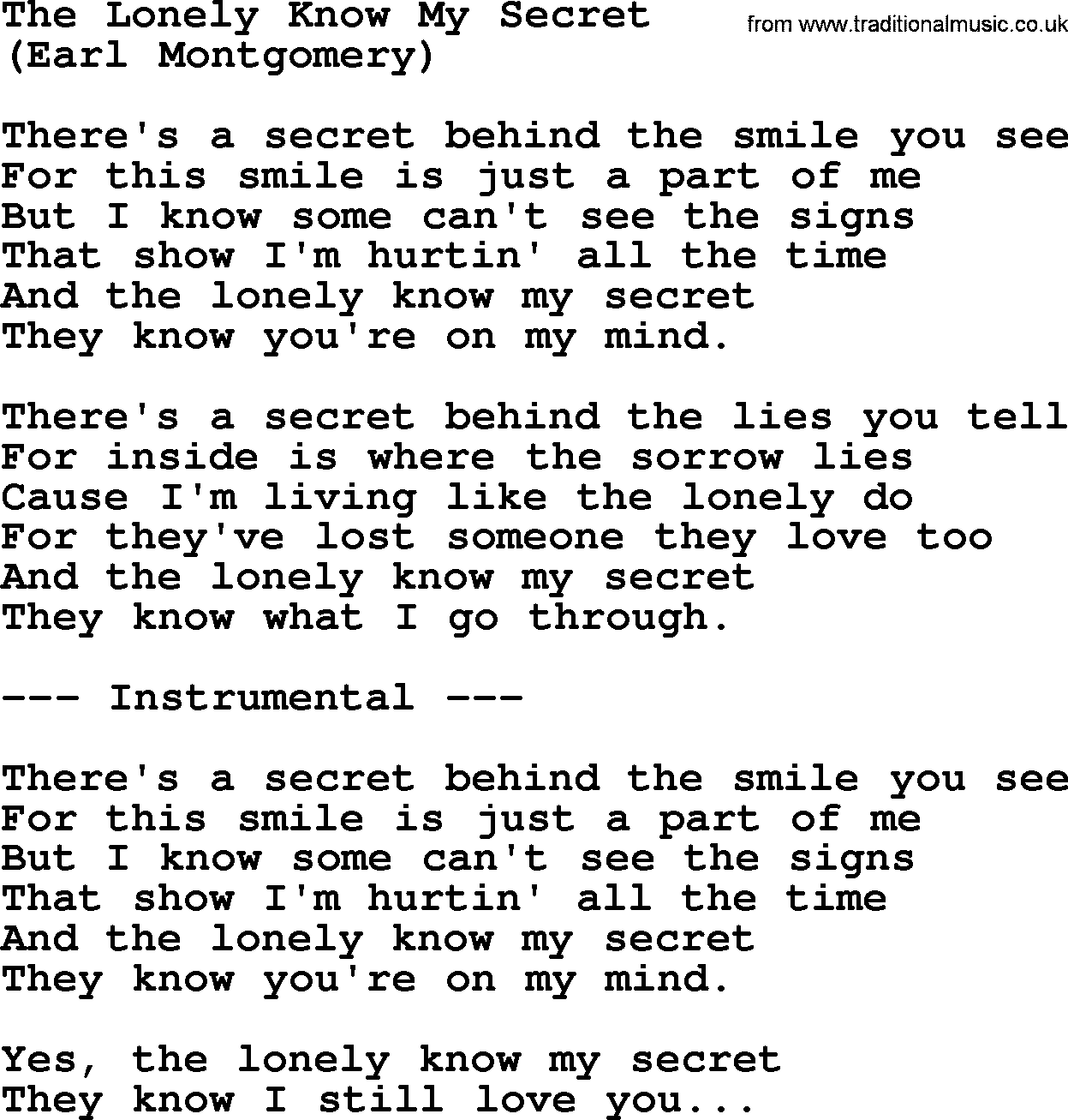 George Jones song: The Lonely Know My Secret, lyrics