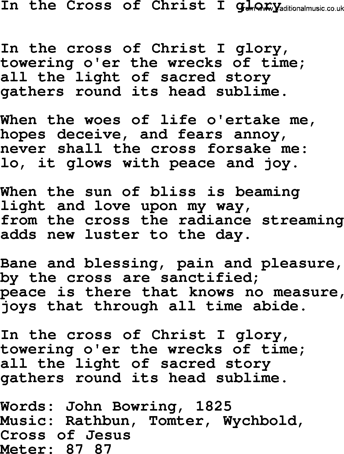 Holy Week Hymns, Hymn: In The Cross Of Christ I Glory, lyrics, PDF and Midi music