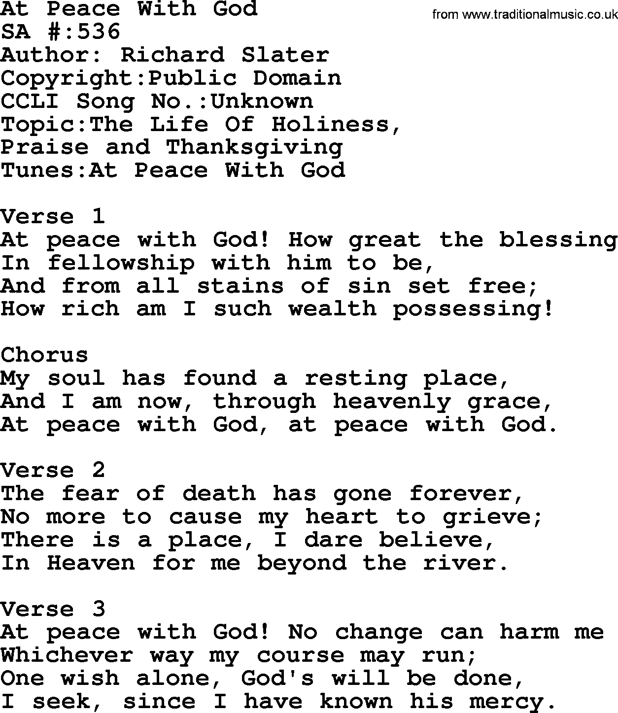 Salvation Army Hymnal, title: At Peace With God, with lyrics and PDF,