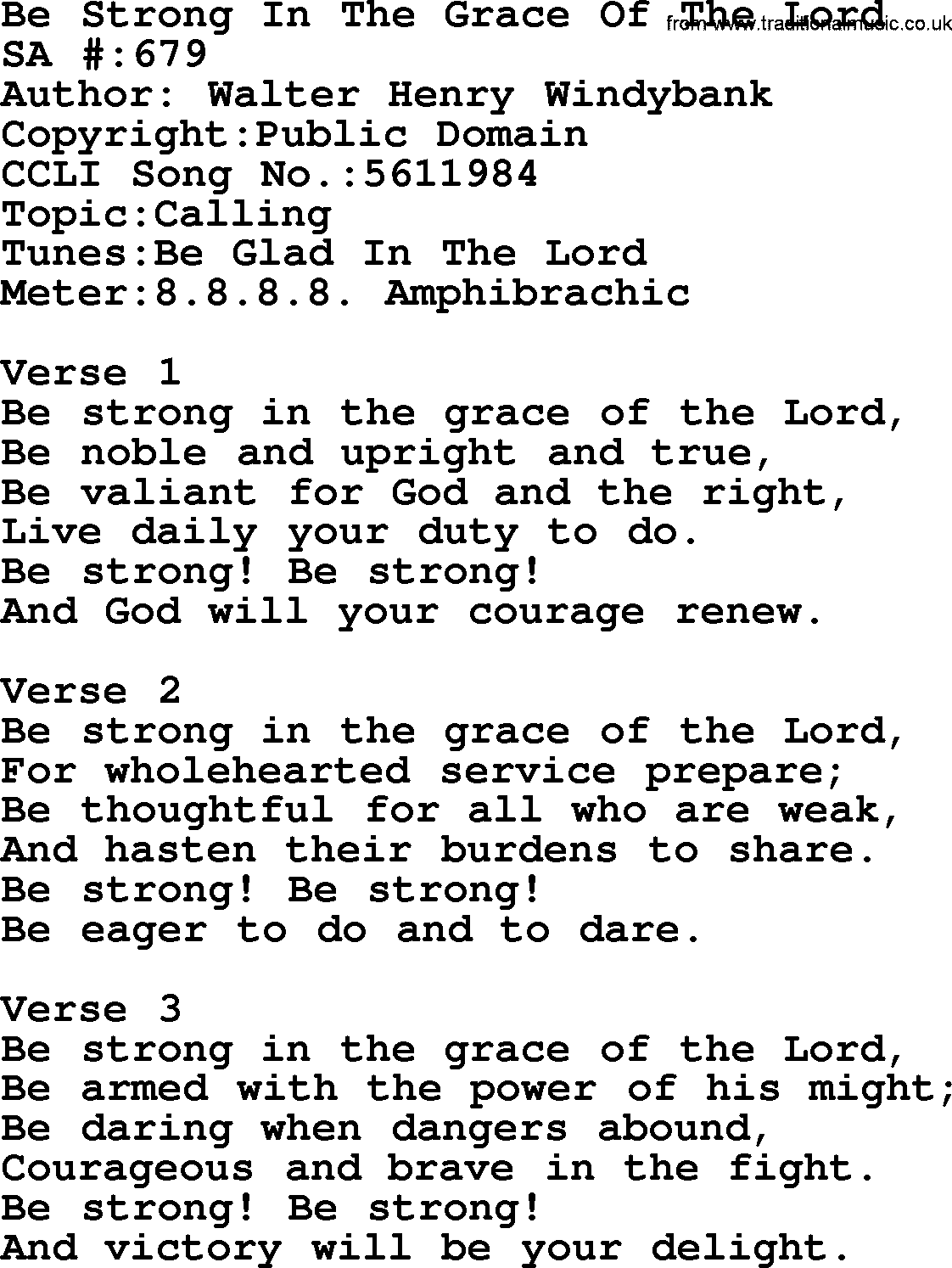 Salvation Army Hymnal, title: Be Strong In The Grace Of The Lord, with lyrics and PDF,
