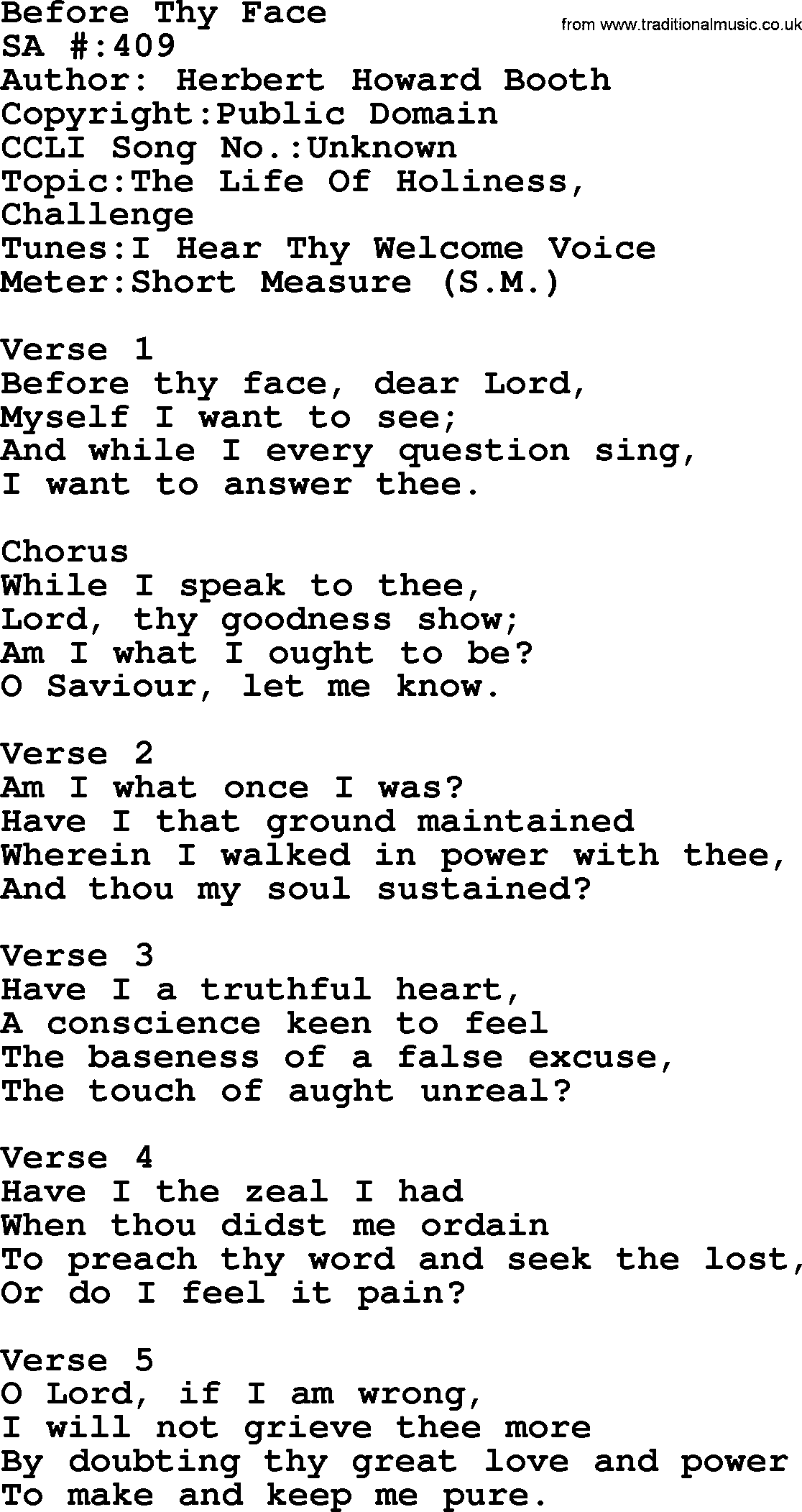 Salvation Army Hymnal, title: Before Thy Face, with lyrics and PDF,