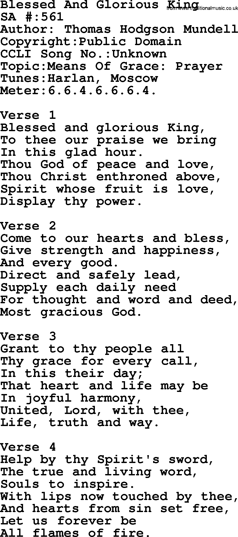 Salvation Army Hymnal, title: Blessed And Glorious King, with lyrics and PDF,