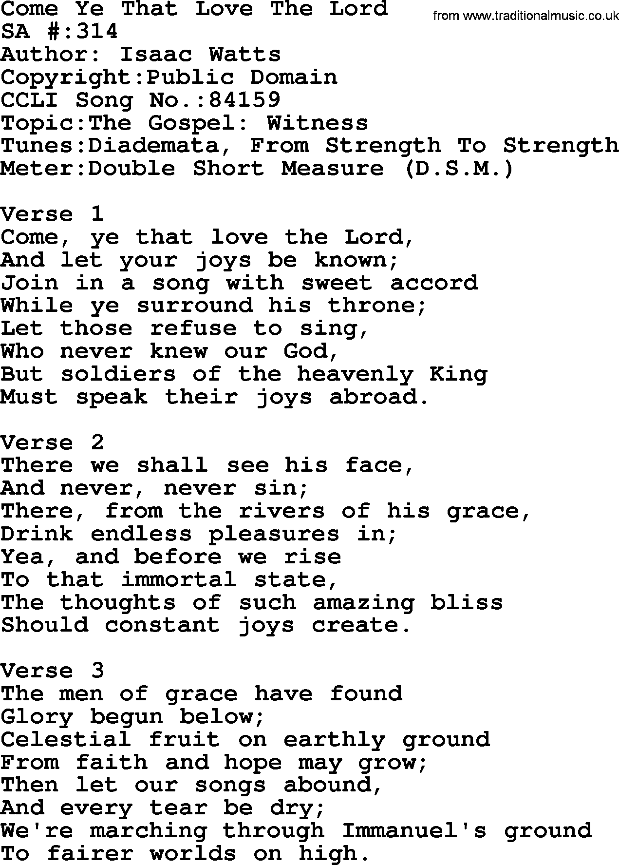 Salvation Army Hymnal, title: Come Ye That Love The Lord, with lyrics and PDF,