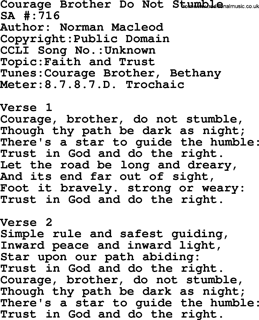Salvation Army Hymnal, title: Courage Brother Do Not Stumble, with lyrics and PDF,