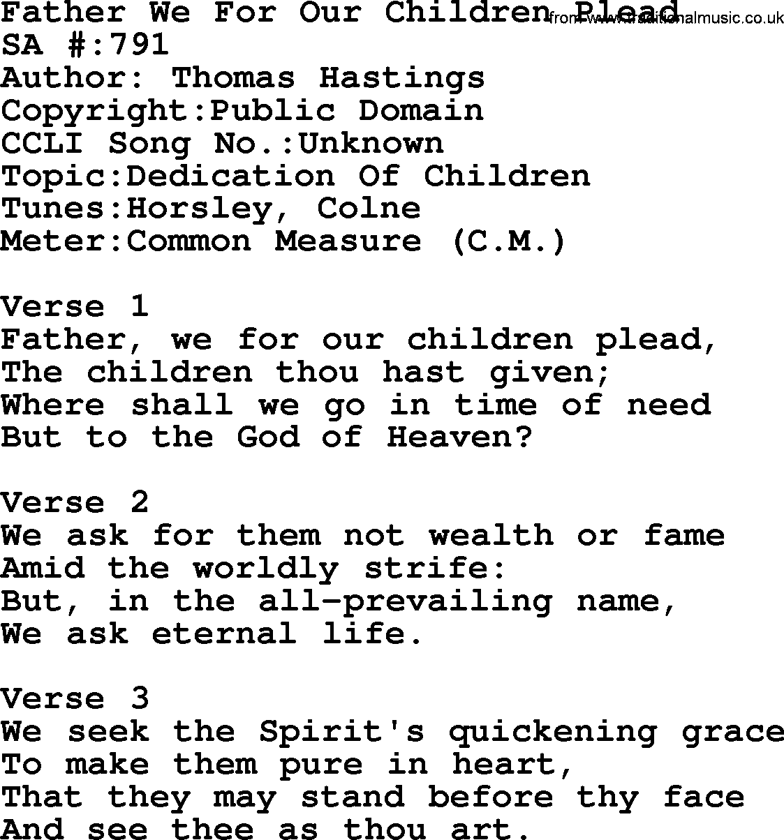 Salvation Army Hymnal, title: Father We For Our Children Plead, with lyrics and PDF,