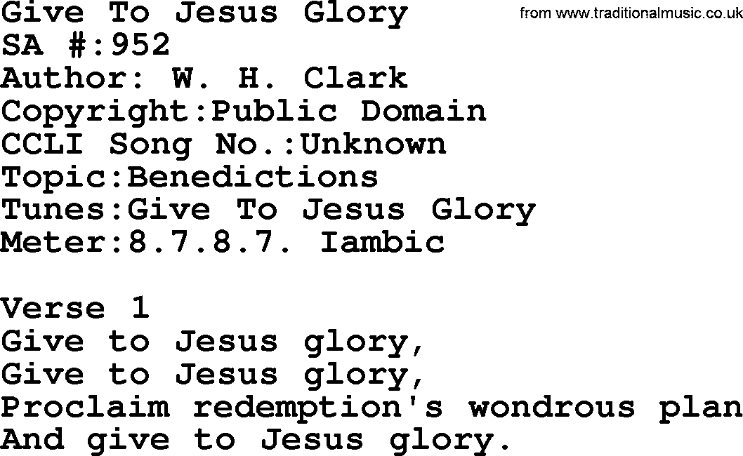 Salvation Army Hymnal, title: Give To Jesus Glory, with lyrics and PDF,