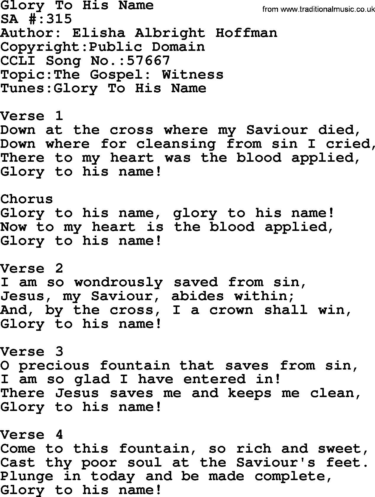Salvation Army Hymnal, title: Glory To His Name, with lyrics and PDF,