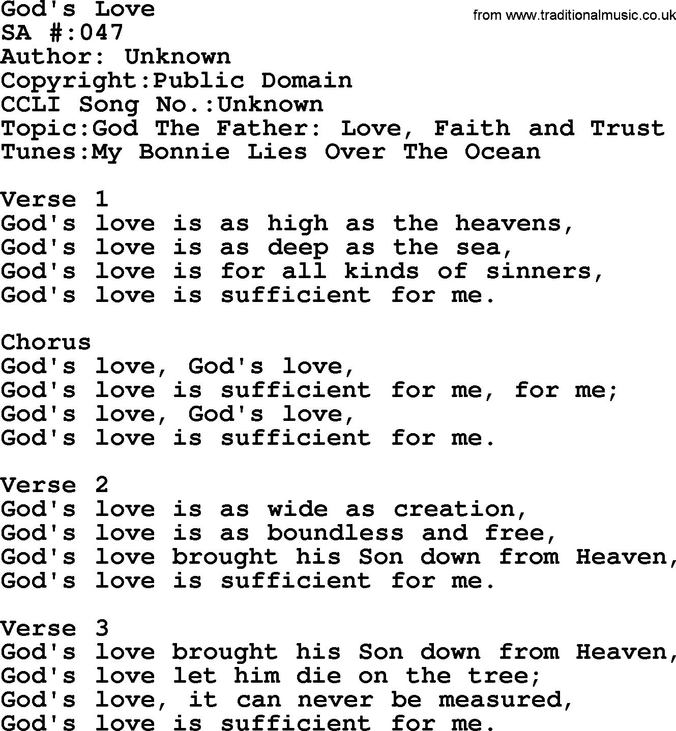 Salvation Army Hymnal, title: God's Love, with lyrics and PDF,