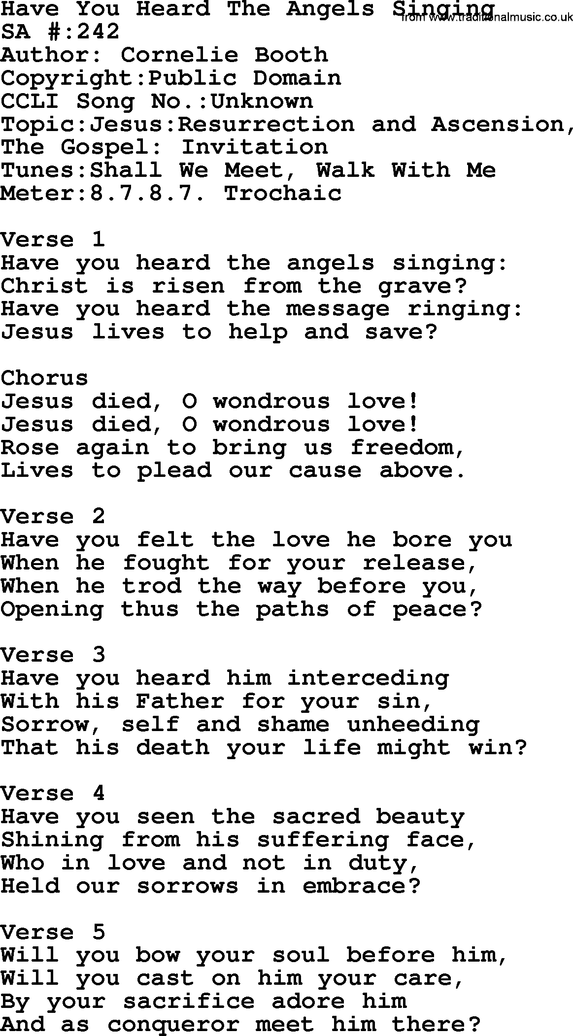 Salvation Army Hymnal, title: Have You Heard The Angels Singing, with lyrics and PDF,