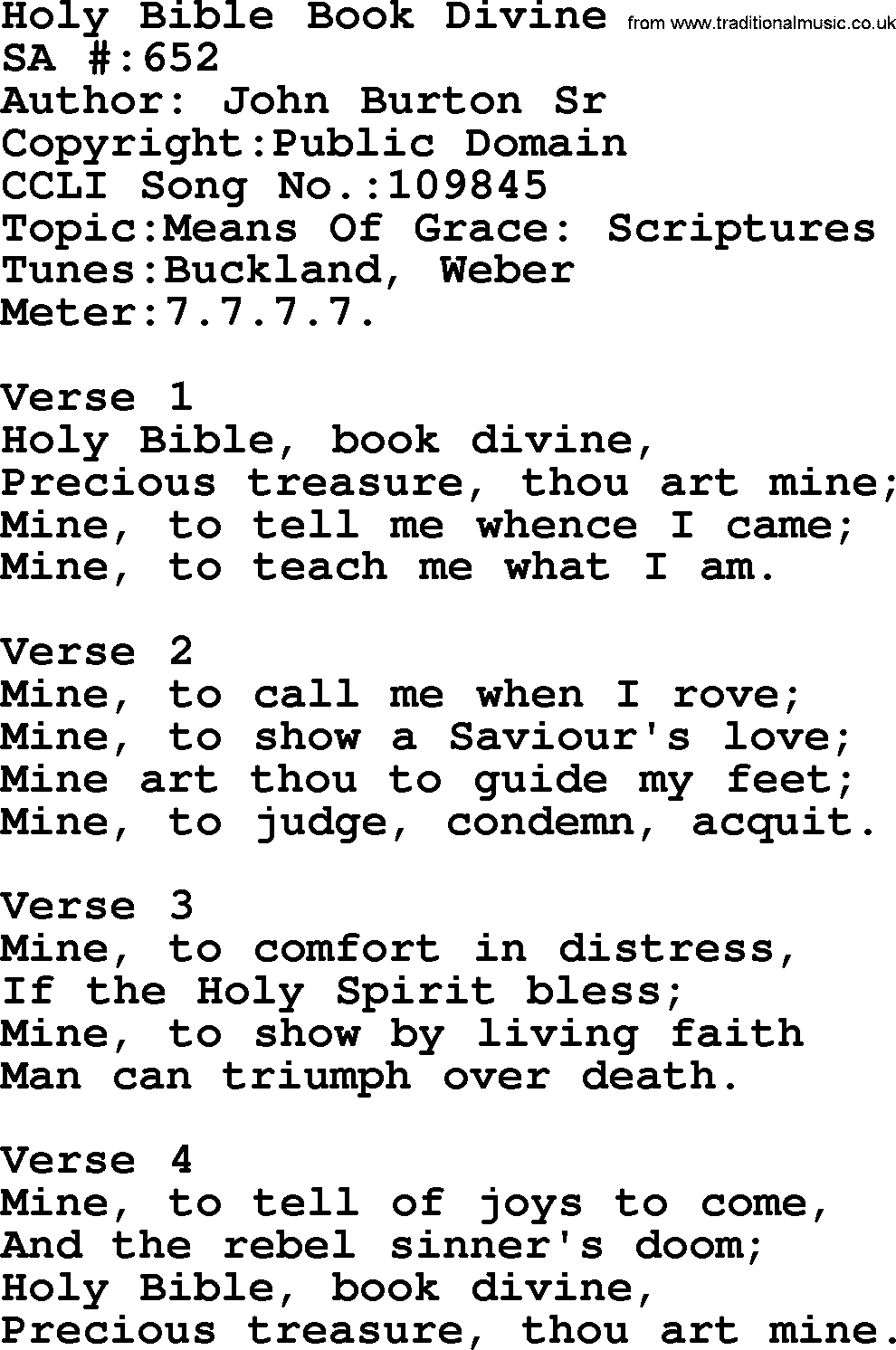 Salvation Army Hymnal, title: Holy Bible Book Divine, with lyrics and PDF,