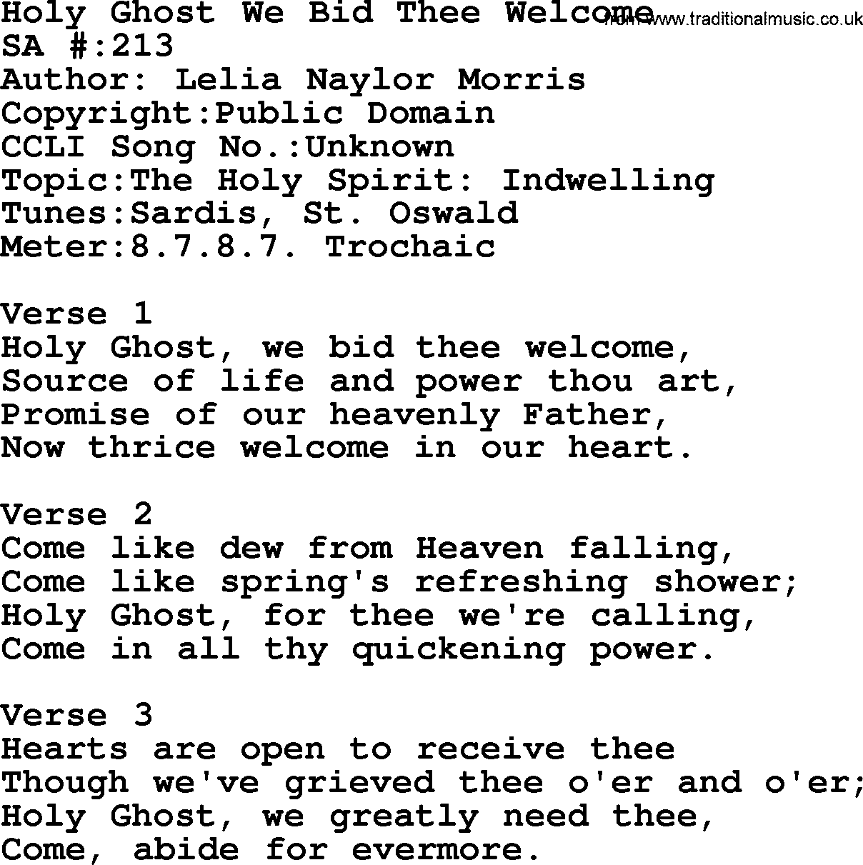 Salvation Army Hymnal, title: Holy Ghost We Bid Thee Welcome, with lyrics and PDF,