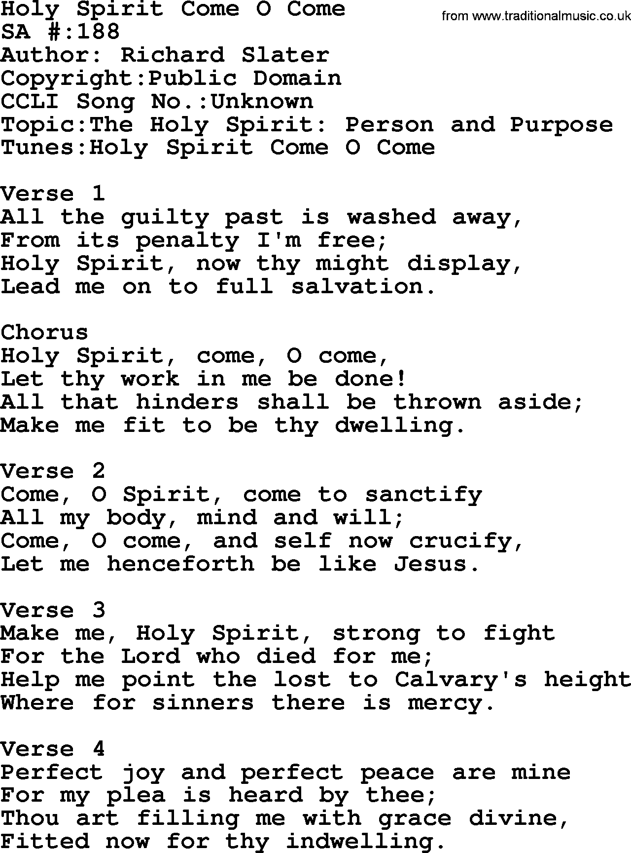 Salvation Army Hymnal, title: Holy Spirit Come O Come, with lyrics and PDF,
