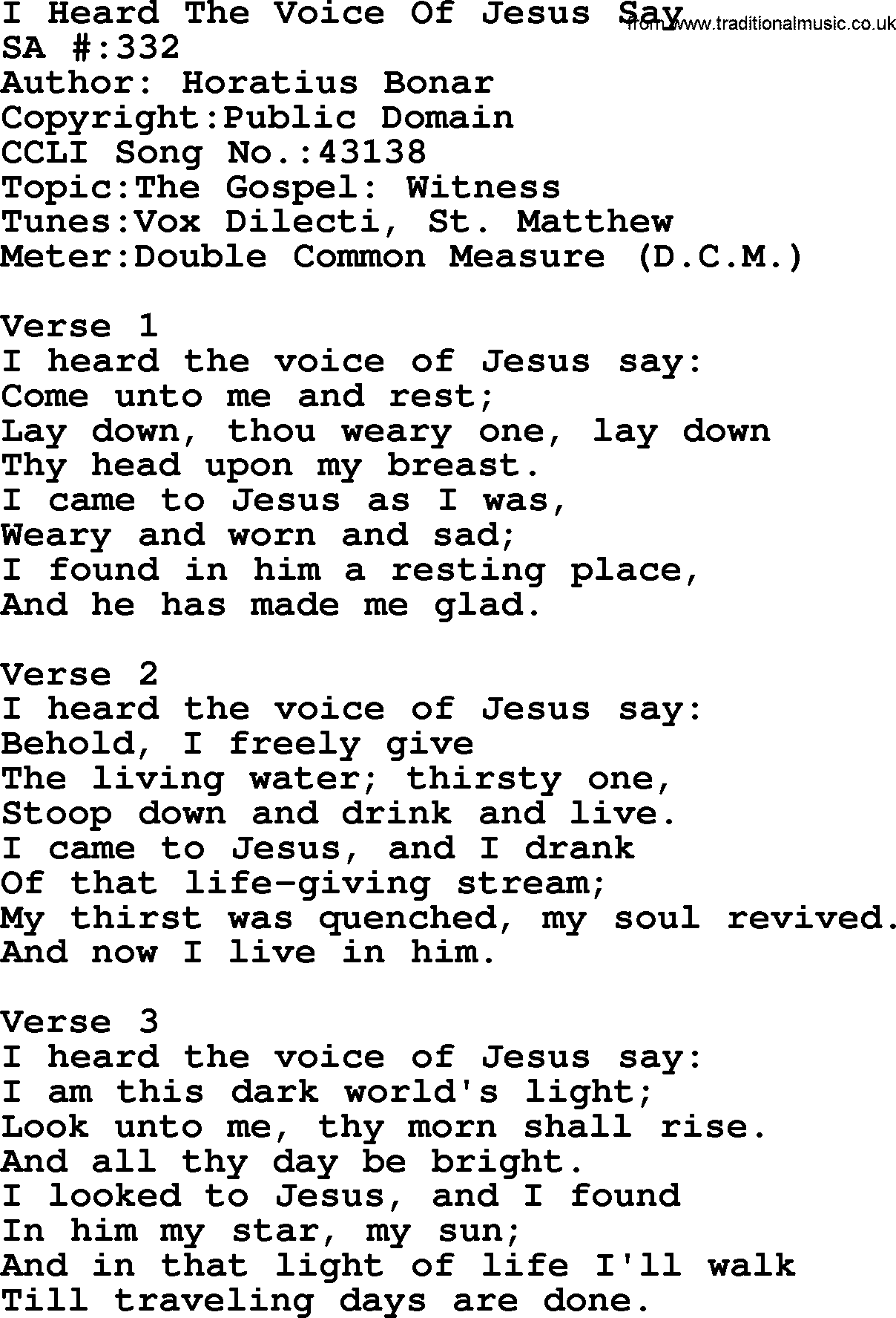 I Heard The Voice Of Jesus Say Lyrics - LyricsWalls
