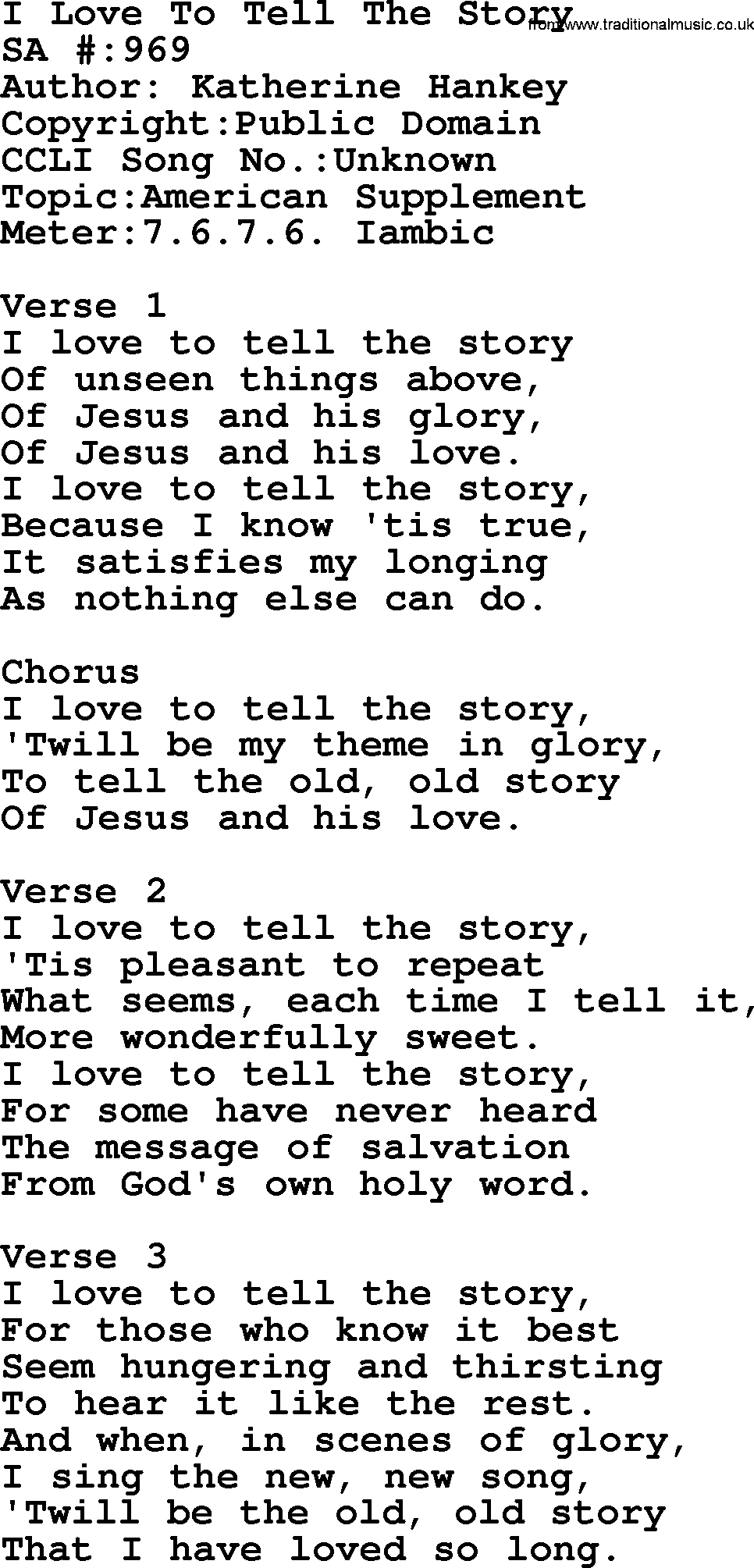 Salvation Army Hymnal, title: I Love To Tell The Story, with lyrics and PDF,