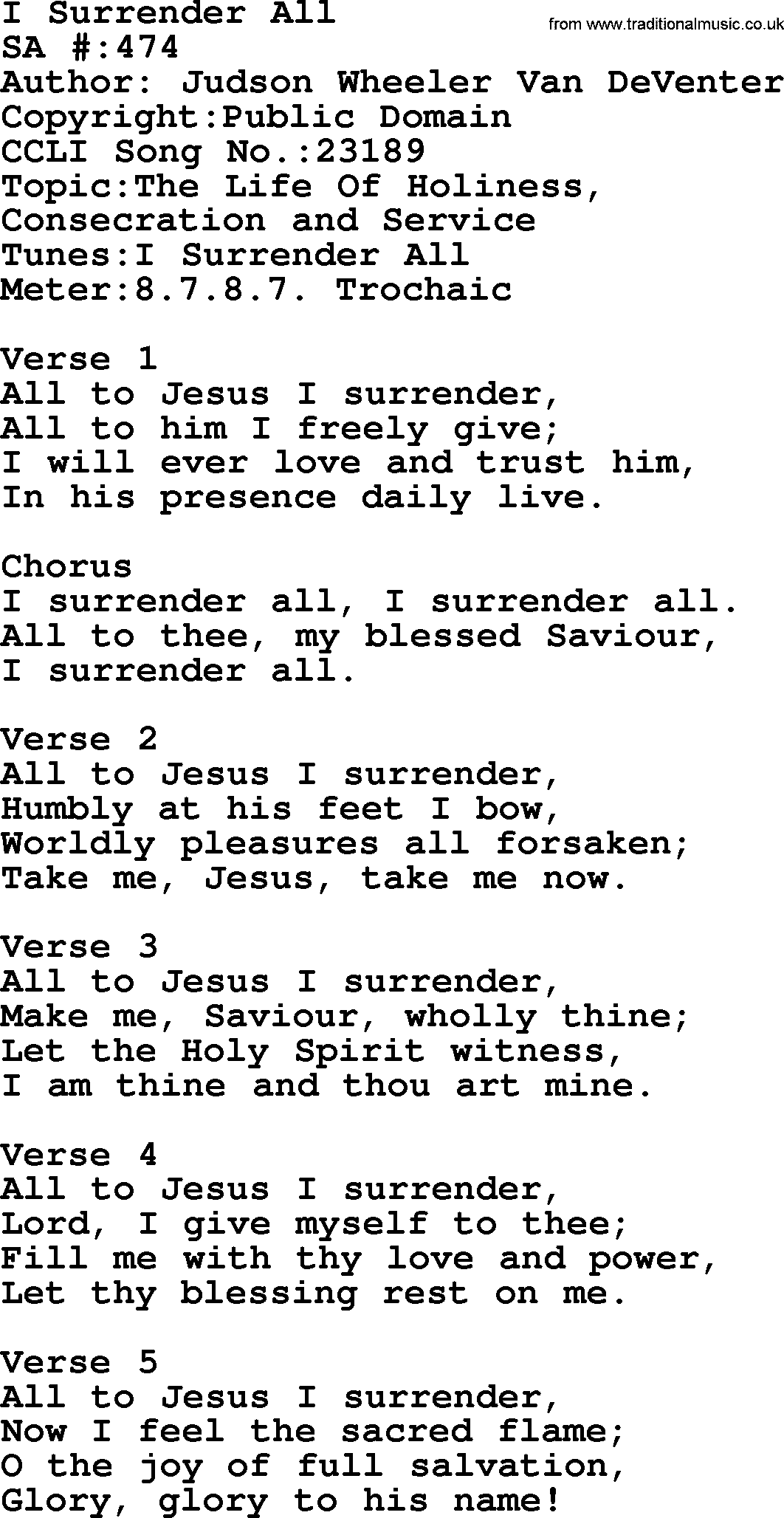 Salvation Army Hymnal, title: I Surrender All, with lyrics and PDF,