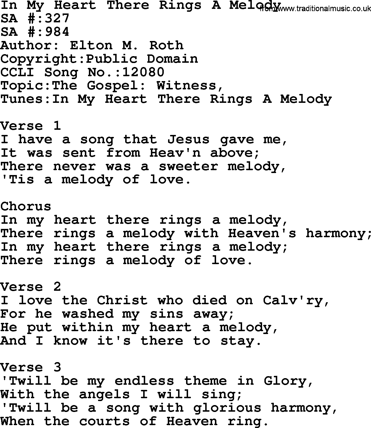 Salvation Army Hymnal, title: In My Heart There Rings A Melody, with lyrics and PDF,