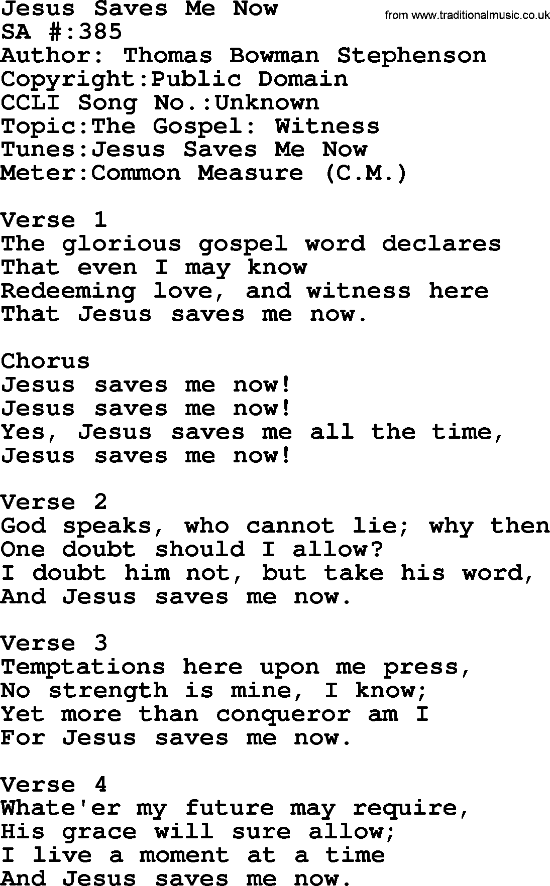 Salvation Army Hymnal, title: Jesus Saves Me Now, with lyrics and PDF,