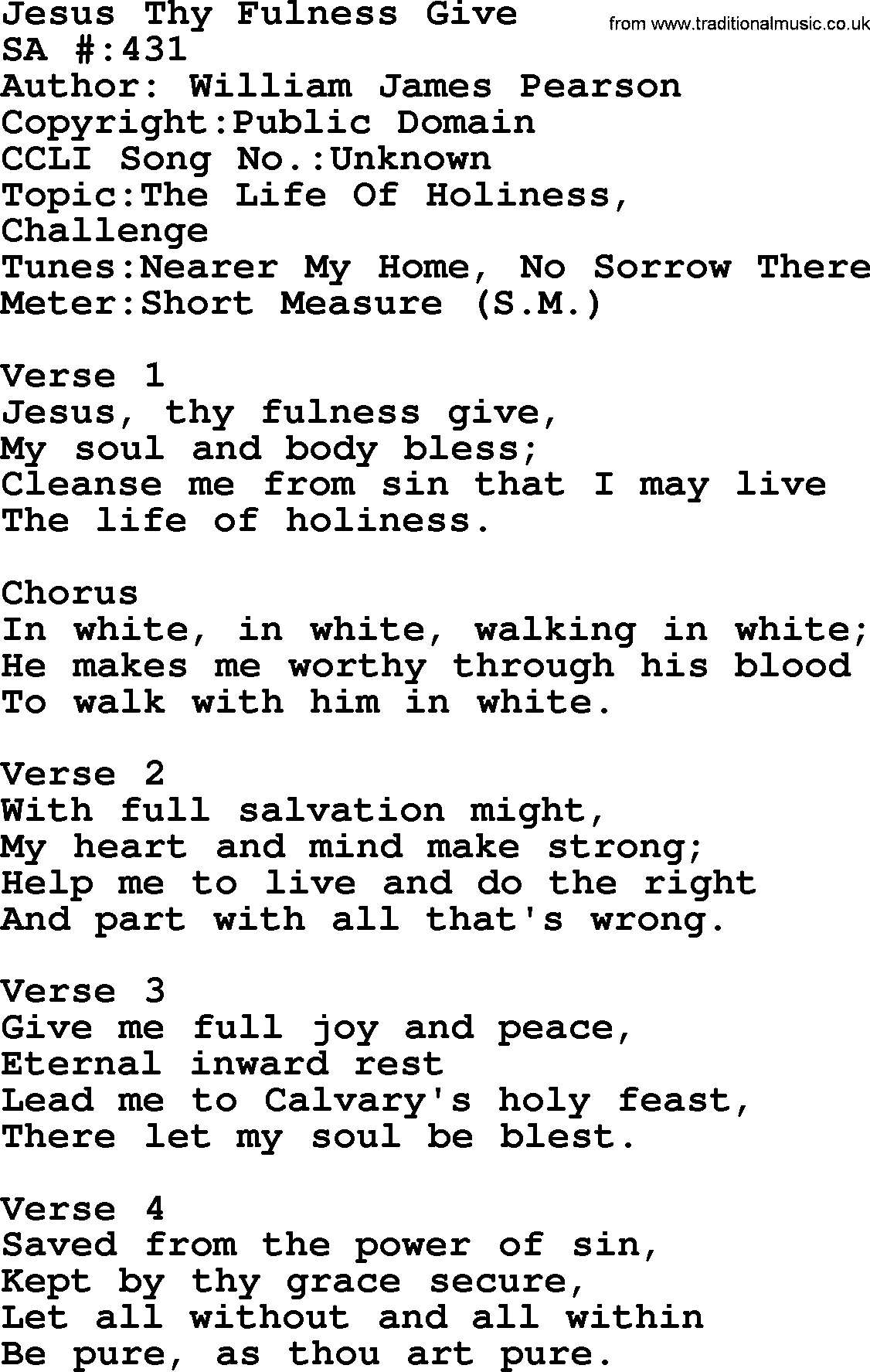 Salvation Army Hymnal, title: Jesus Thy Fulness Give, with lyrics and PDF,