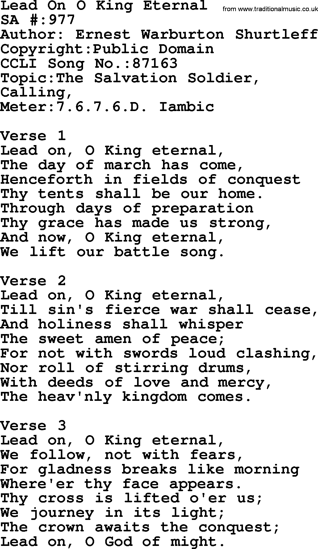 Salvation Army Hymnal, title: Lead On O King Eternal, with lyrics and PDF,