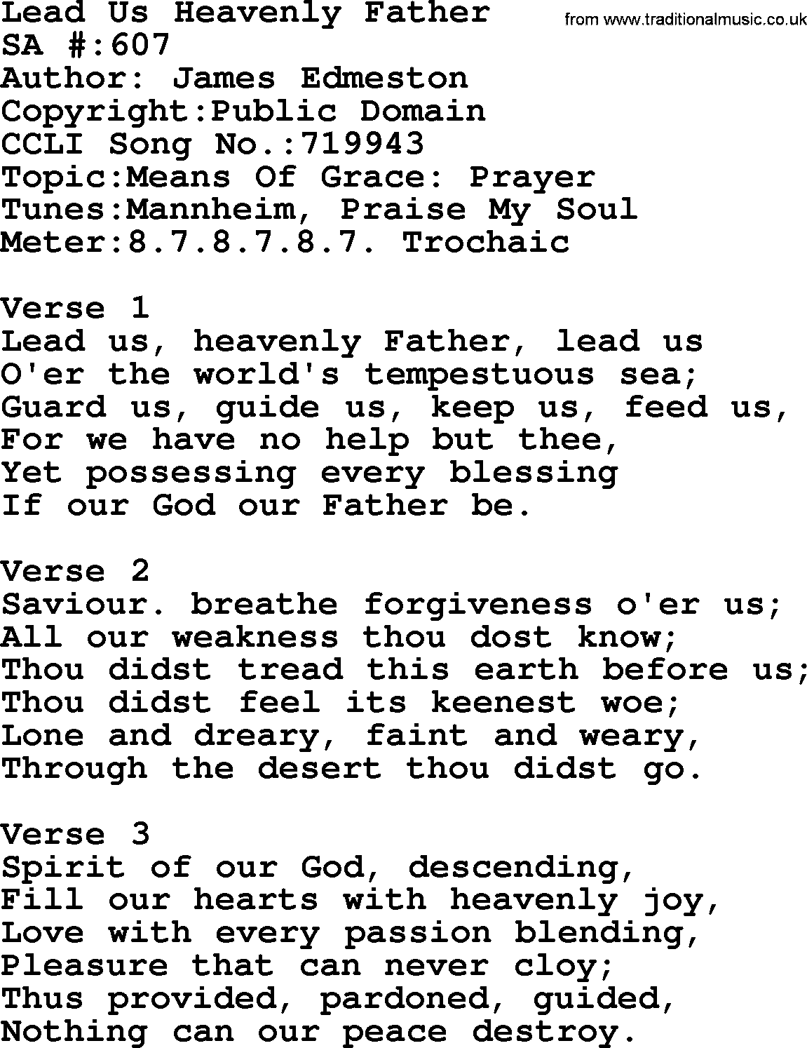 Salvation Army Hymnal, title: Lead Us Heavenly Father, with lyrics and PDF,