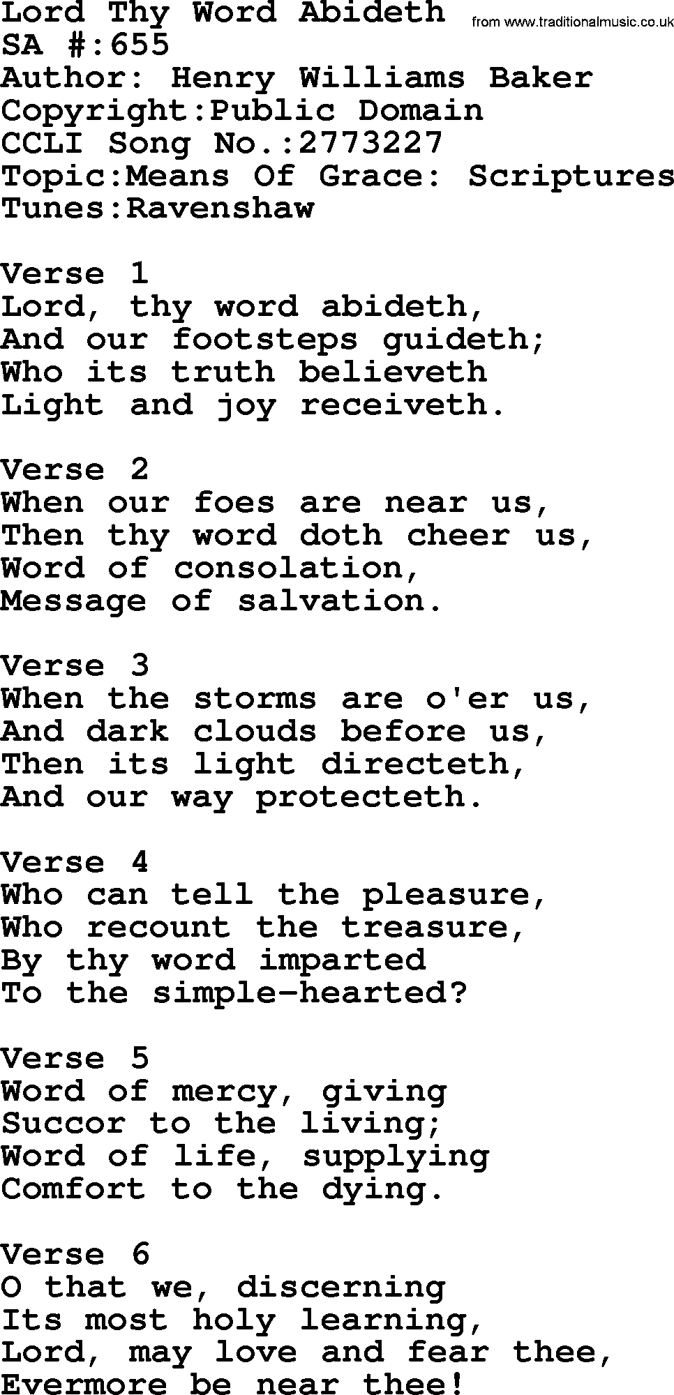 Salvation Army Hymnal, title: Lord Thy Word Abideth, with lyrics and PDF,