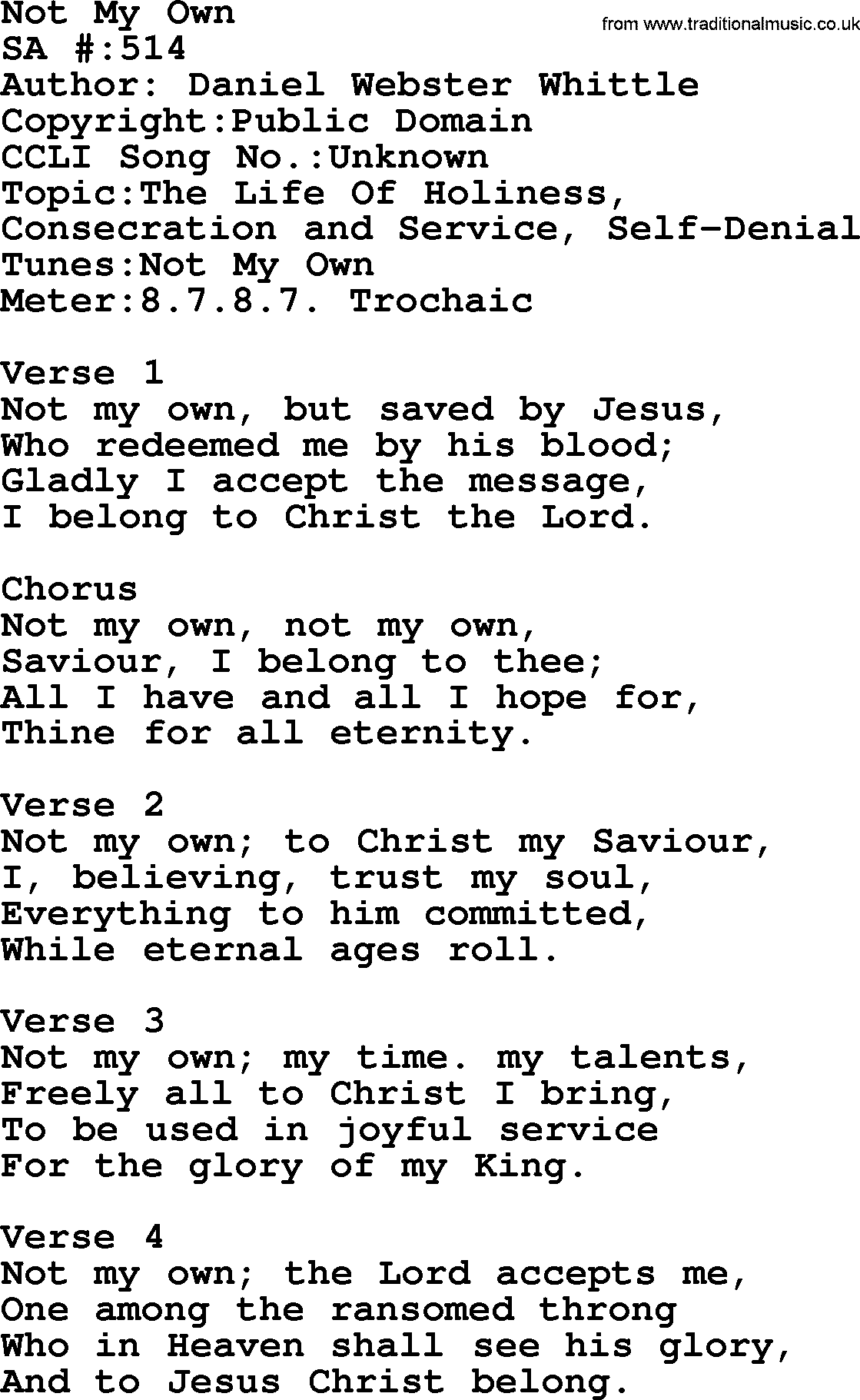 Salvation Army Hymnal, title: Not My Own, with lyrics and PDF,