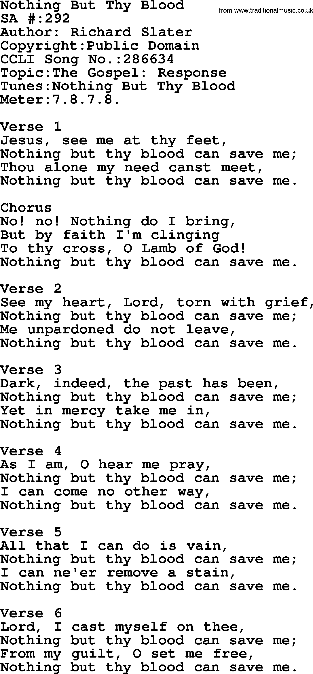Salvation Army Hymnal, title: Nothing But Thy Blood, with lyrics and PDF,