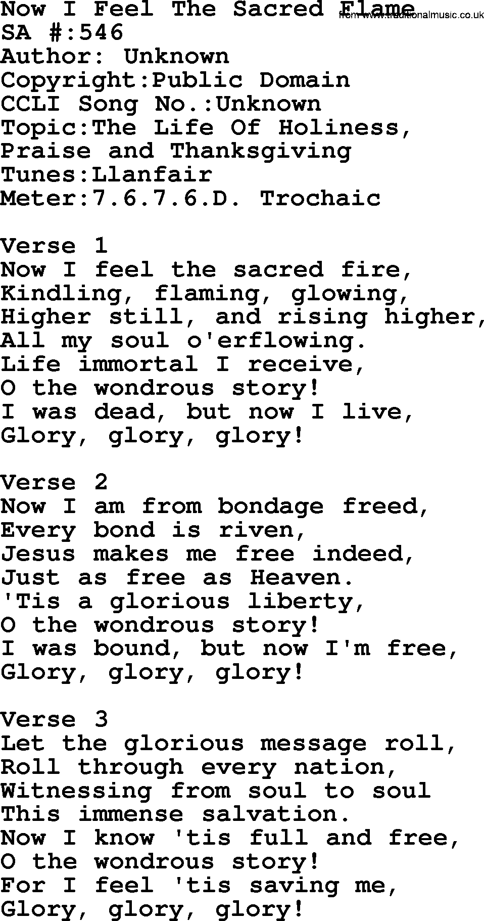 Salvation Army Hymnal Song Now I Feel The Sacred Flame, with Lyrics