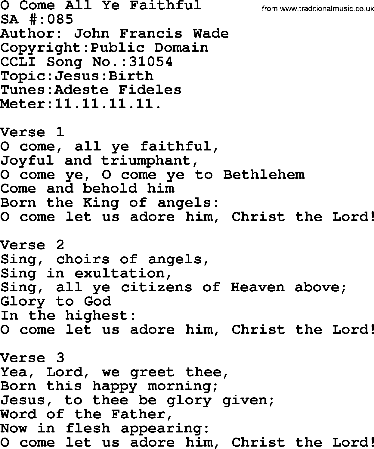 Salvation Army Hymnal, title: O Come All Ye Faithful, with lyrics and PDF,