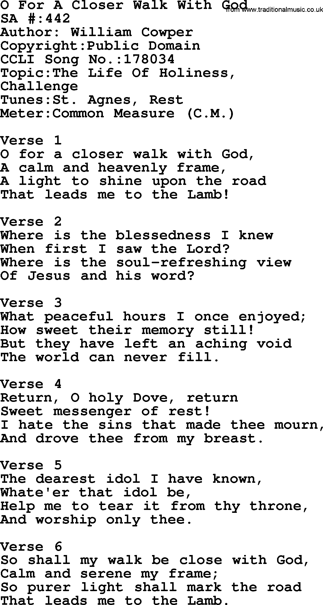 Salvation Army Hymnal, title: O For A Closer Walk With God, with lyrics and PDF,