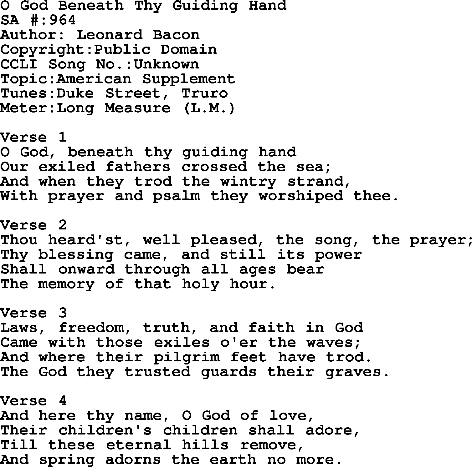 Salvation Army Hymnal, title: O God Beneath Thy Guiding Hand, with lyrics and PDF,