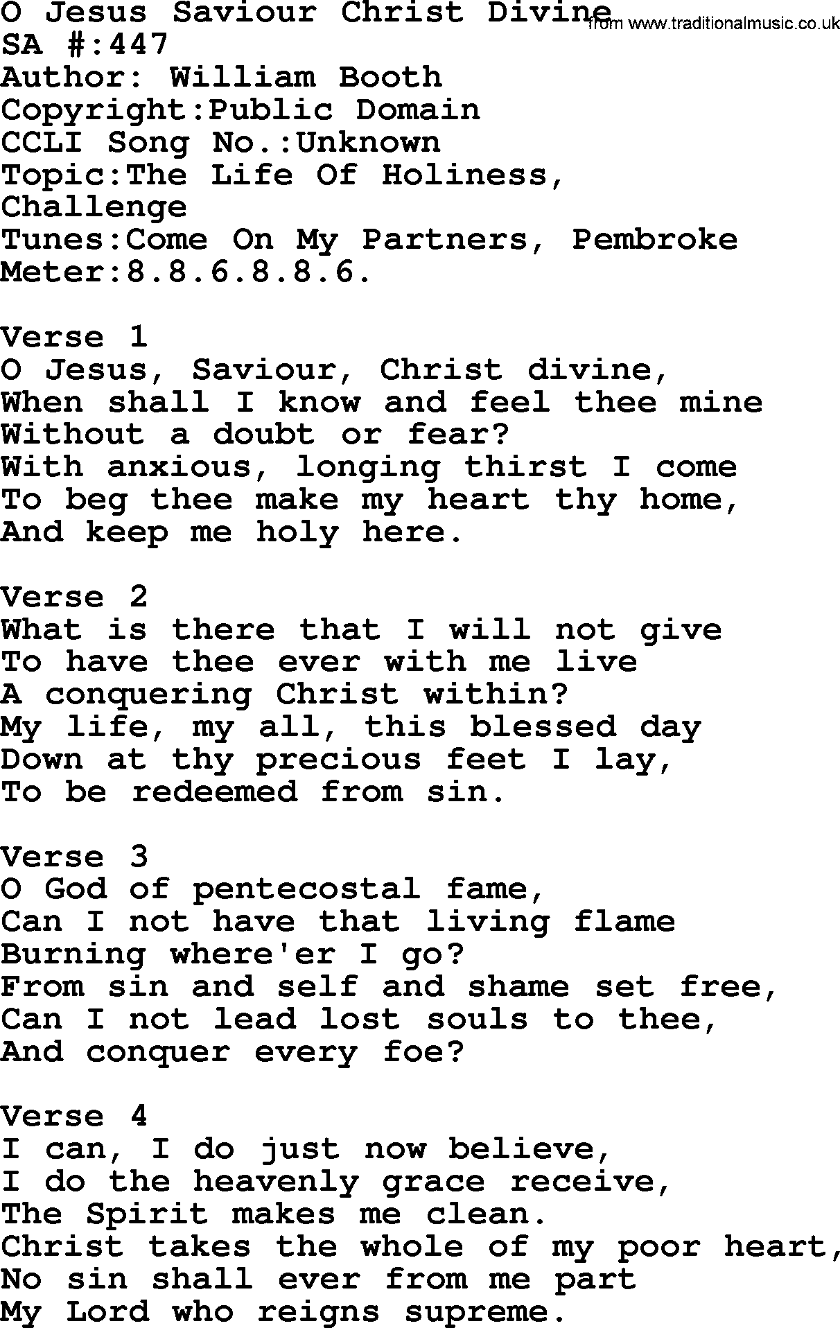 Salvation Army Hymnal, title: O Jesus Saviour Christ Divine, with lyrics and PDF,