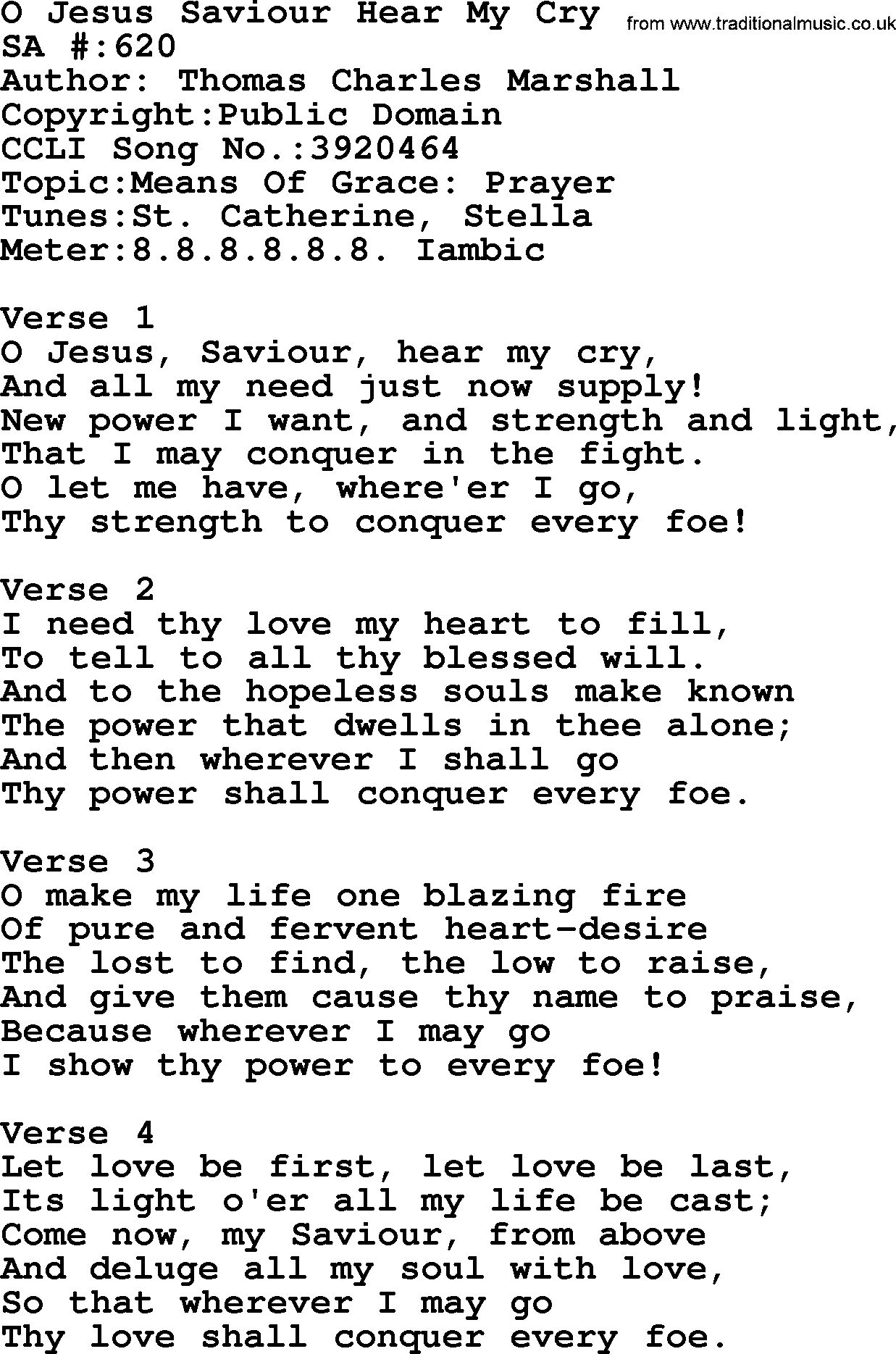 Salvation Army Hymnal, title: O Jesus Saviour Hear My Cry, with lyrics and PDF,
