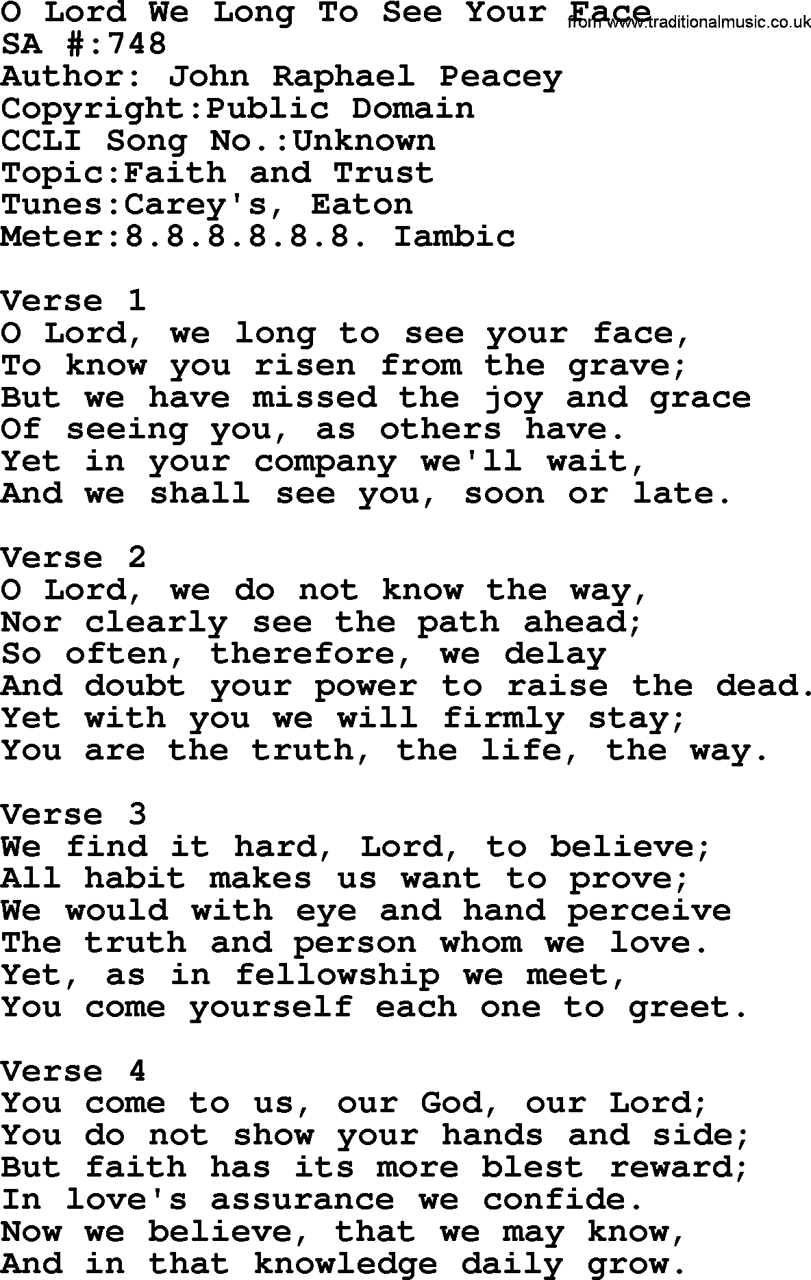 Salvation Army Hymnal, title: O Lord We Long To See Your Face, with lyrics and PDF,